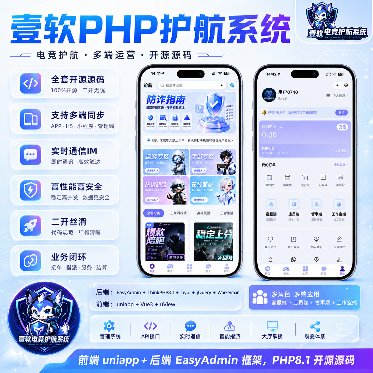 【全开源】壹软护航游戏代练系统源码支持APP小程序h5三角州电竞护航游戏代练,新一代陪玩护航系统源码 | ThinkPHP8.1 + Workerman高性能IM + Uniapp多端 产品素材1
