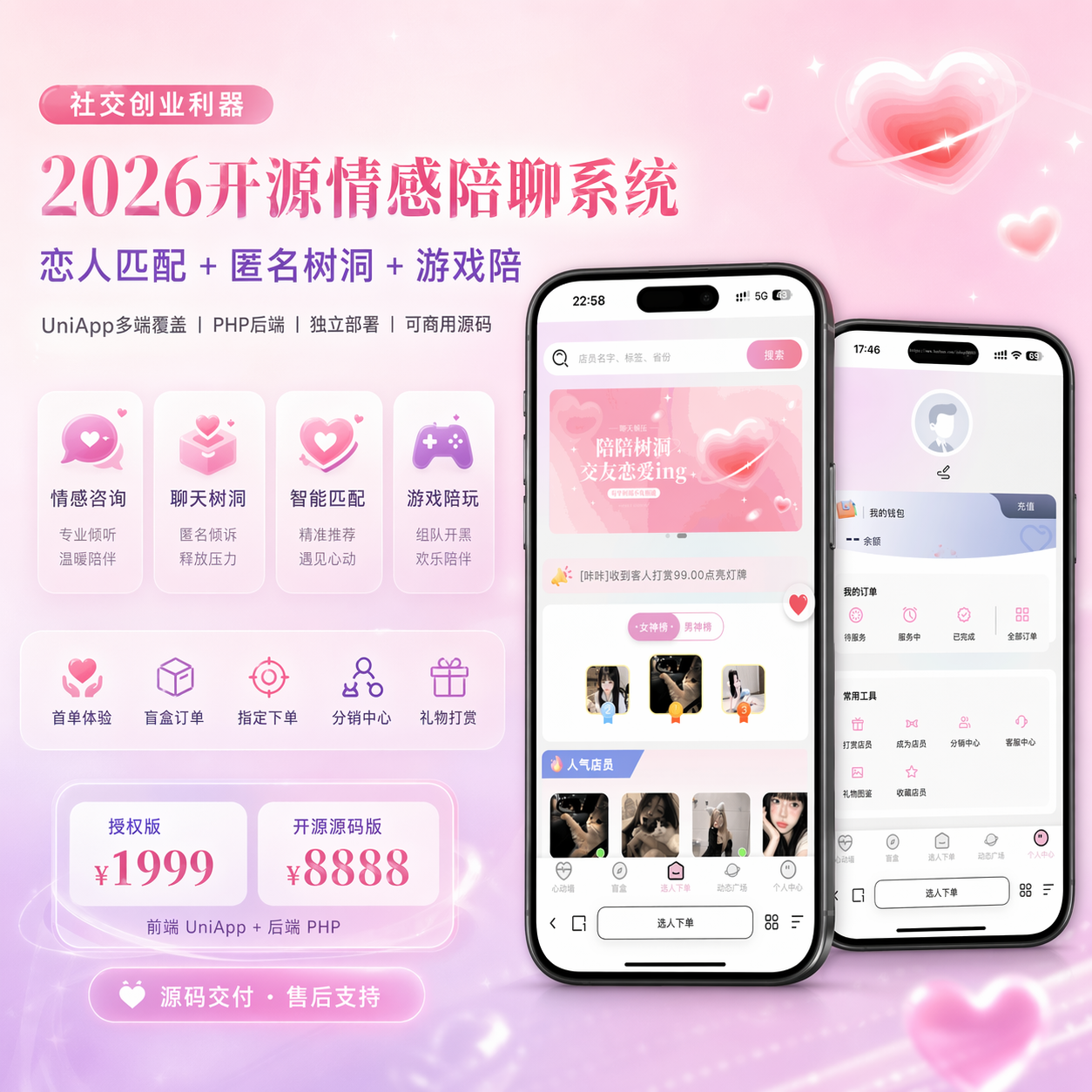 开源壹软陪聊源码系统V3,UniApp+PHP|情感树洞+智能匹配+游戏陪聊|2026新版可商用源码 产品素材1
