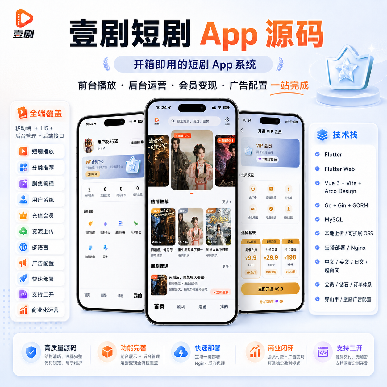 壹剧多语言跨境短剧系统 中英日越四语支持 H5 / 小程序 / APP 三端商用源码支持上架Flutter+Go 产品素材1